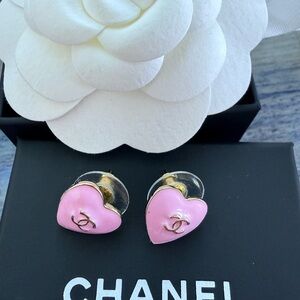 CHANEL Pink Heart Earrings with Gold Accents